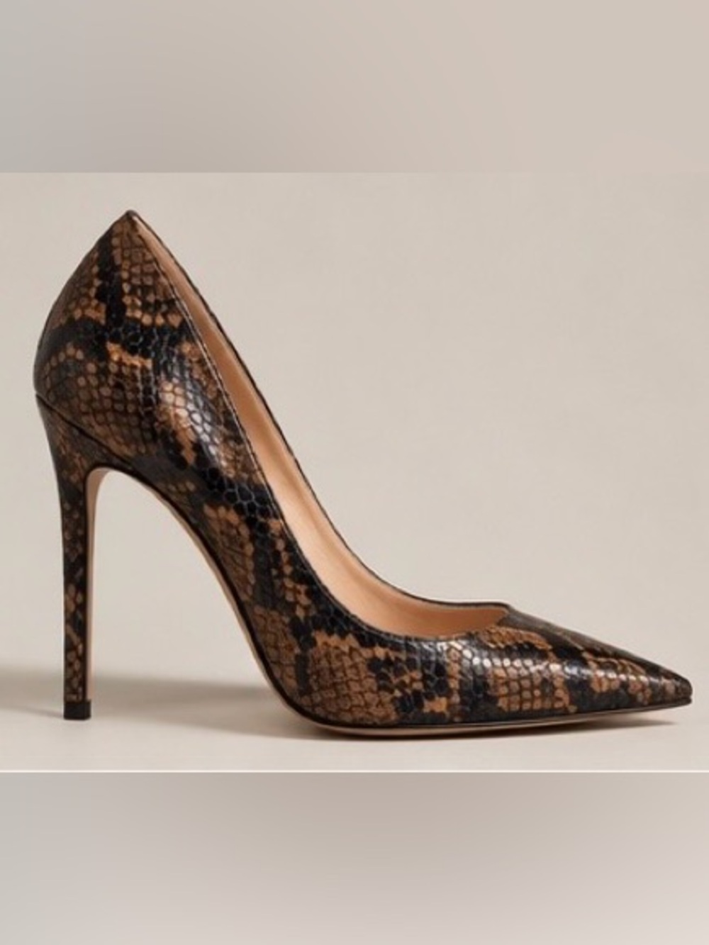 Snake Print Pointed Toe Stiletto Pumps Brown Black Size 7 4” Heels NWT